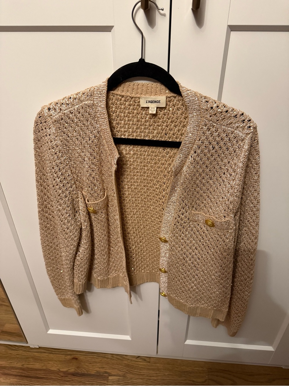 L'AGENCE Beige Metallic Open-Knit Cardigan with Gold Buttons